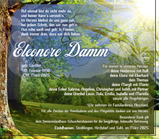 Traueranzeige von Eleonore Damm von Südthüringer Presse