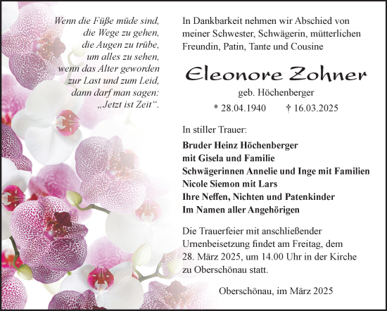 Traueranzeige von Eleonore Zohner von Südthüringer Presse