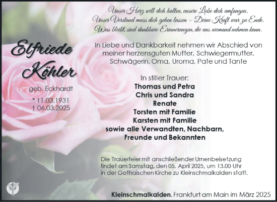 Traueranzeige von Elfriede Köhler von Südthüringer Presse