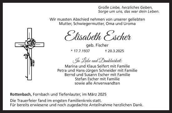 Traueranzeige von Elisabeth Escher von Neue Presse Coburg