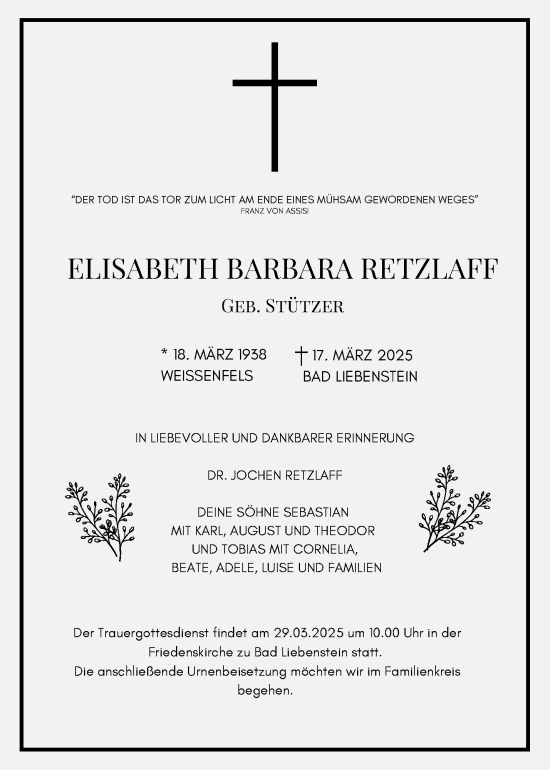 Traueranzeige von Elisabeth Barbara Retzlaff von Südthüringer Presse