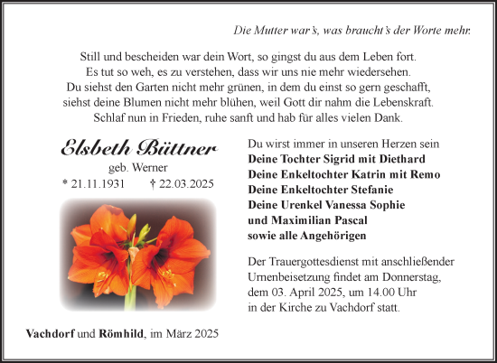 Traueranzeige von Elsbeth Büttner von Südthüringer Presse