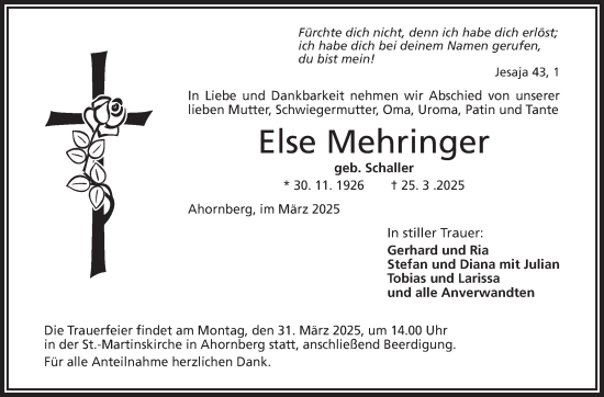 Traueranzeige von Else Mehringer von Frankenpost