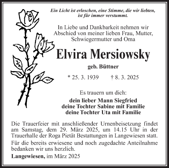 Traueranzeige von Elvira Mersiowsky von Südthüringer Presse