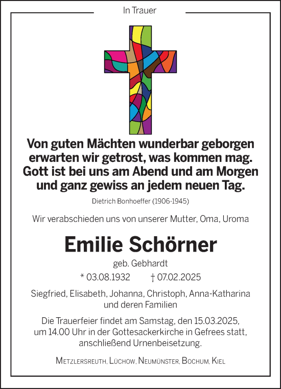 Traueranzeige von Emilie Schörner von Frankenpost