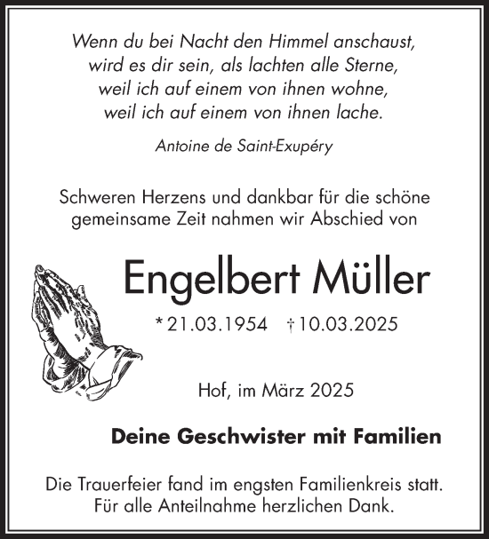 Traueranzeige von Engelbert Müller von Frankenpost