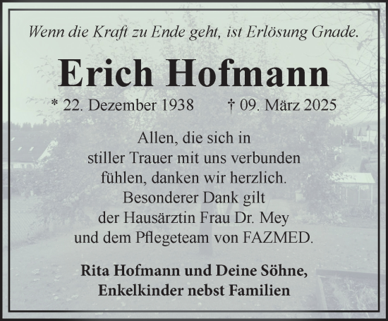 Traueranzeige von Erich Hofmann von Südthüringer Presse