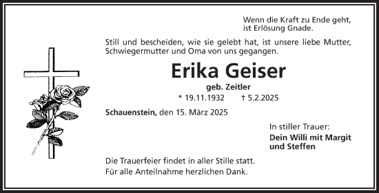 Traueranzeige von Erika Geiser von Frankenpost