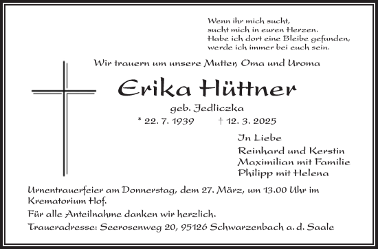 Traueranzeige von Erika Hüttner von Frankenpost