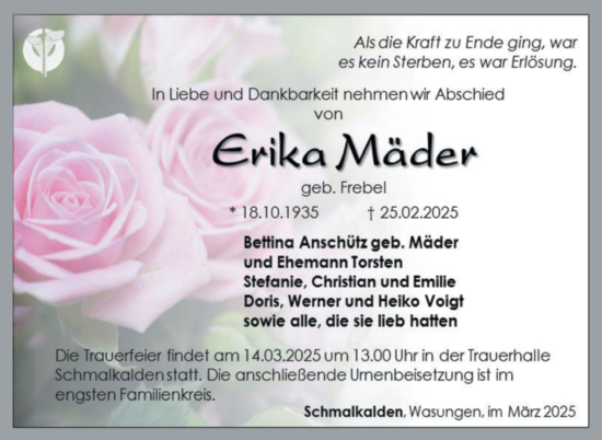 Traueranzeige von Erika Mäder von Südthüringer Presse