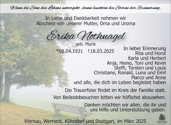 Traueranzeige von Erika Notnagel von Südthüringer Presse