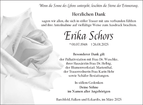 Traueranzeige von Erika Schors von Südthüringer Presse