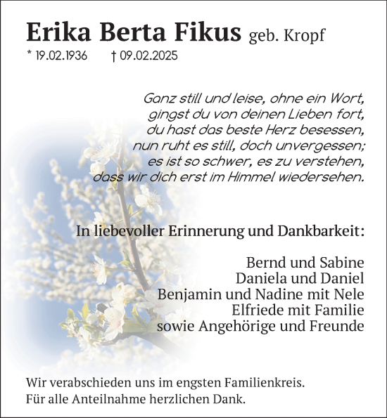 Traueranzeige von Erika Berta Fikus von Frankenpost