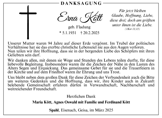 Traueranzeige von Erna Kött von Südthüringer Presse