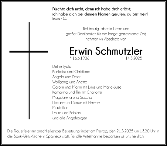 Traueranzeige von Erwin Schmutzler von Frankenpost