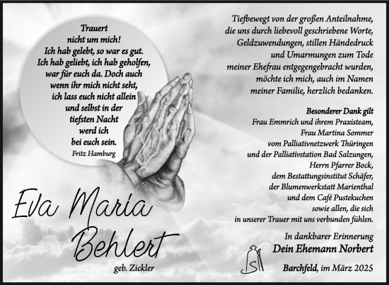 Traueranzeige von Eva Maria Behlert von Südthüringer Presse