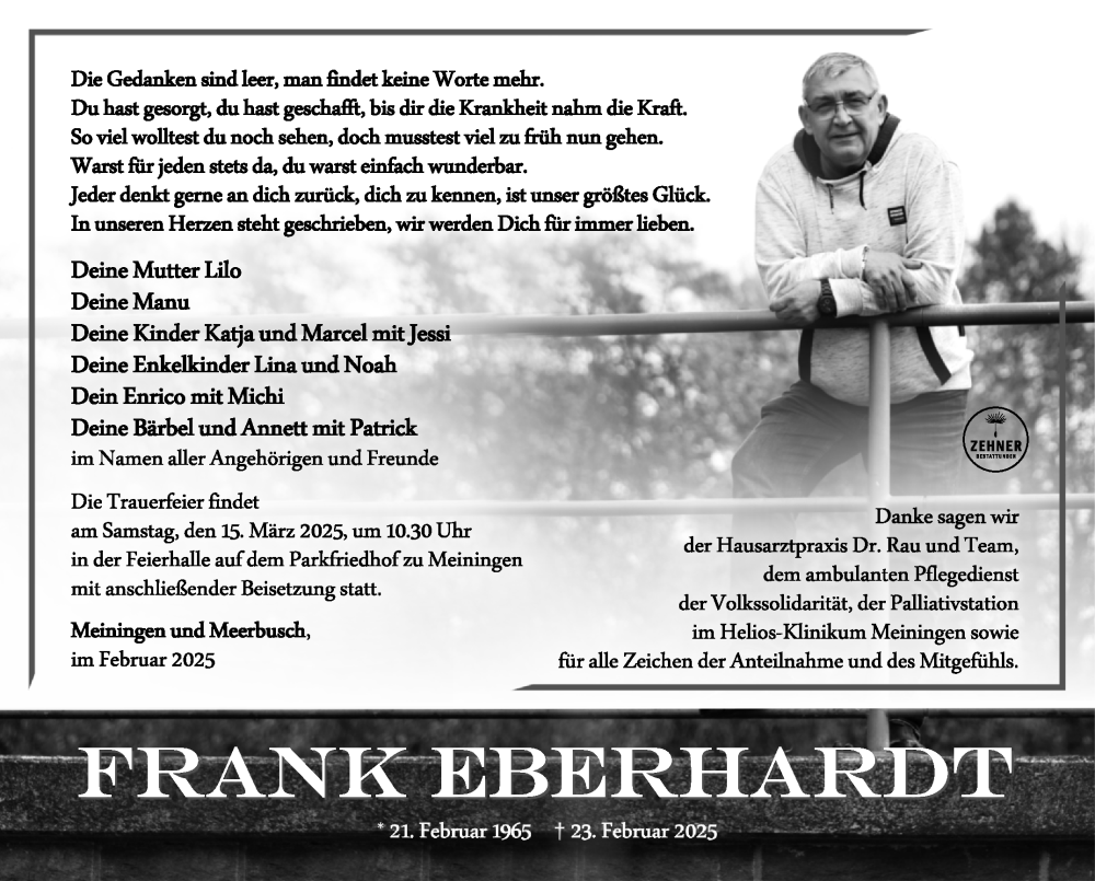  Traueranzeige für Frank Eberhardt vom 08.03.2025 aus Südthüringer Presse