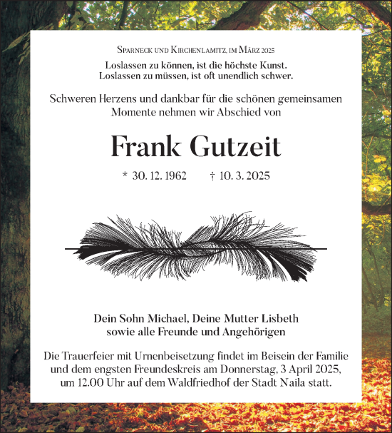 Traueranzeige von Frank Gutzeit von Frankenpost