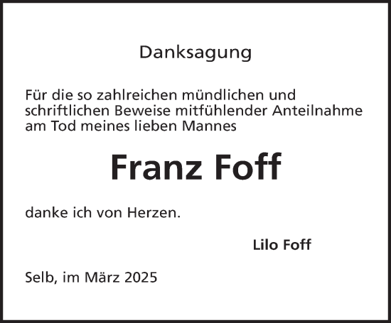 Traueranzeige von Franz Foff von Frankenpost