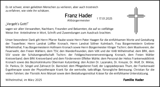 Traueranzeige von Franz Hader von Neue Presse Coburg