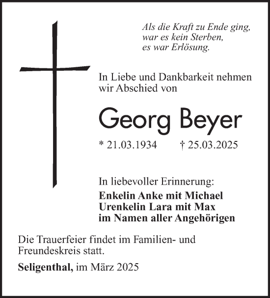 Traueranzeige von Georg Beyer von Südthüringer Presse
