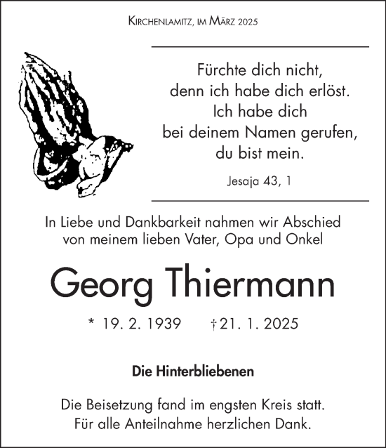 Traueranzeige von Georg Thiermann von Frankenpost