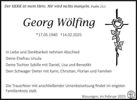 Traueranzeige von Georg Wölfing von Südthüringer Presse