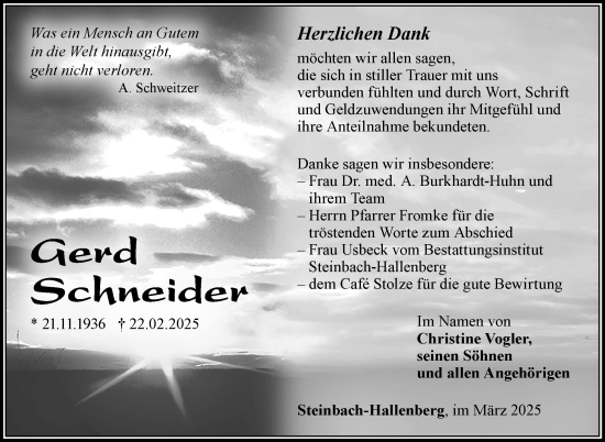 Traueranzeige von Gerd Schneider von Südthüringer Presse