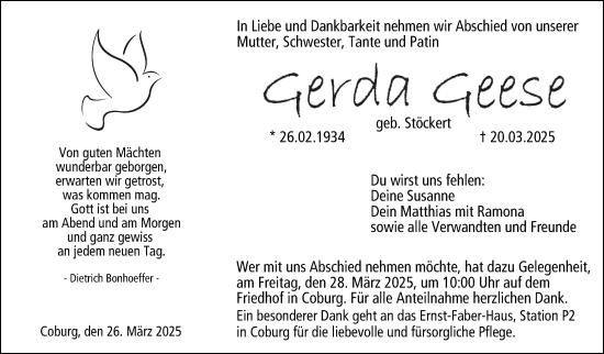 Traueranzeige von Gerda Geese von Neue Presse Coburg