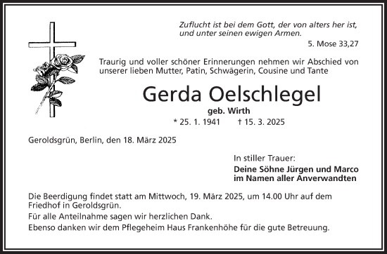 Traueranzeige von Gerda Oelschlegel von Frankenpost