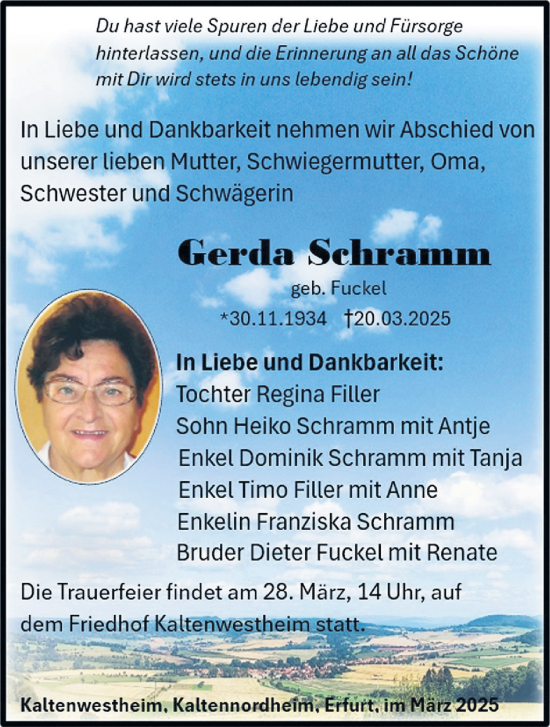 Traueranzeige von Gerda Schramm von Südthüringer Presse