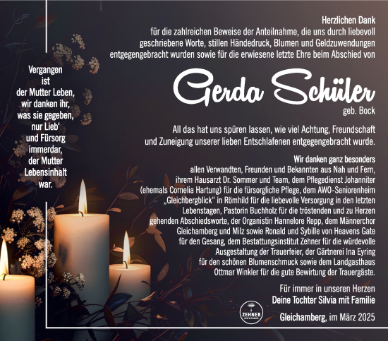 Traueranzeige von Gerda Schüler von Südthüringer Presse