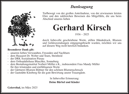 Traueranzeige von Gerhard Kirsch von Südthüringer Presse