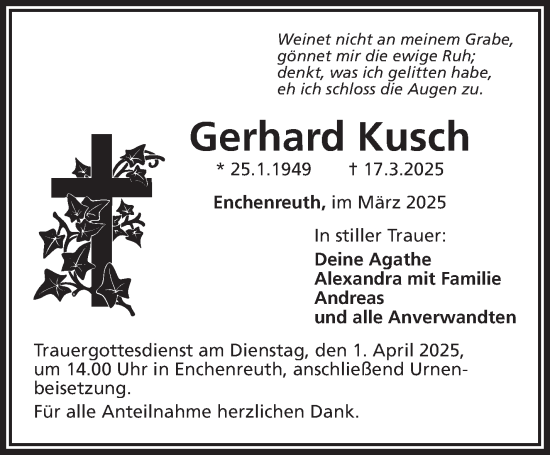 Traueranzeige von Gerhard Kusch von Frankenpost