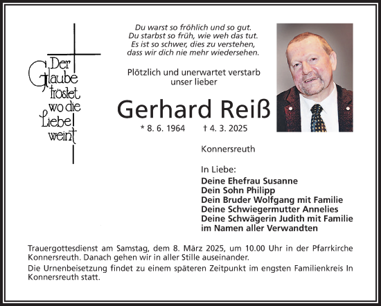 Traueranzeige von Gerhard Reiß von Frankenpost