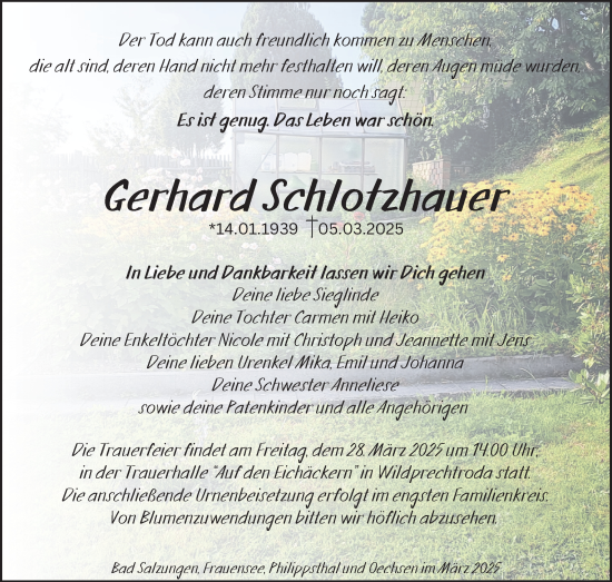 Traueranzeige von Gerhard Schlotzhauer von Südthüringer Presse