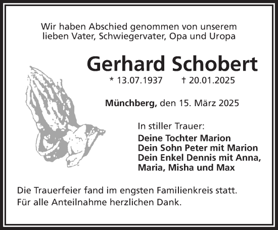 Traueranzeige von Gerhard Schobert von Frankenpost