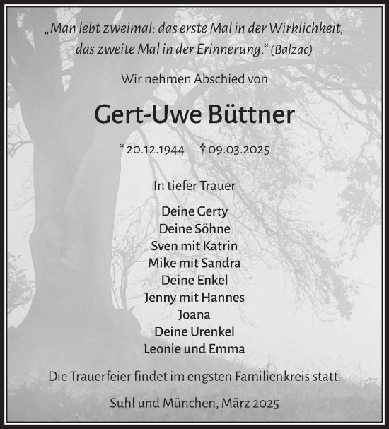Traueranzeige von Gert-Uwe Büttner von Südthüringer Presse