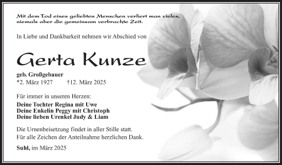 Traueranzeige von Gerta Kunze von Südthüringer Presse