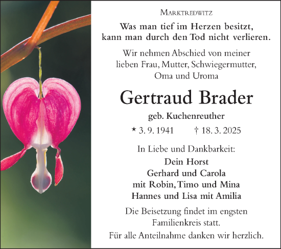 Traueranzeige von Gertraud Brader von Frankenpost
