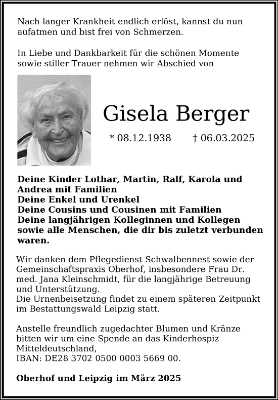 Traueranzeige von Gisela Berger von Südthüringer Presse