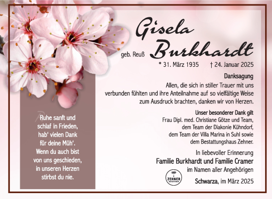 Traueranzeige von Gisela Burkhardt von Südthüringer Presse