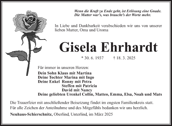 Traueranzeige von Gisela Ehrhardt von Südthüringer Presse