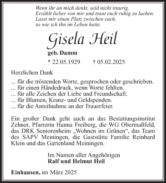 Traueranzeige von Gisela Heil von Südthüringer Presse