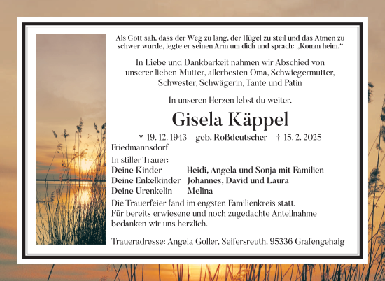 Traueranzeige von Gisela Käppel von Frankenpost