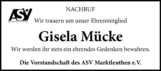 Traueranzeige von Gisela Mücke von Frankenpost