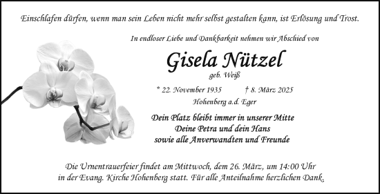 Traueranzeige von Gisela Nützel von Frankenpost