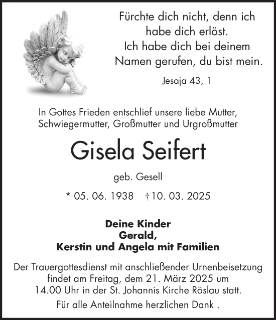 Traueranzeige von Gisela Seifert von Frankenpost