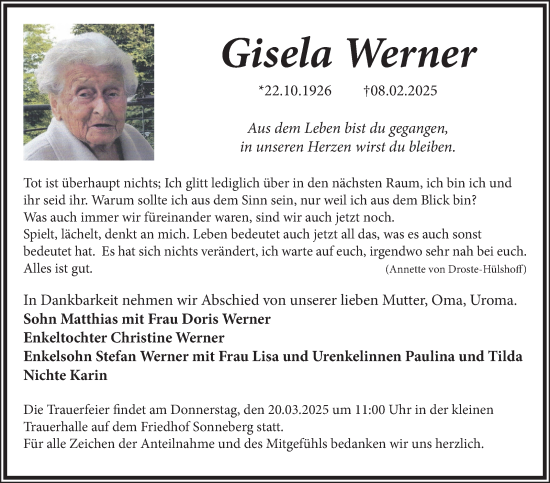 Traueranzeige von Gisela Werner von Südthüringer Presse