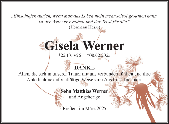 Traueranzeige von Gisela Werner von Südthüringer Presse